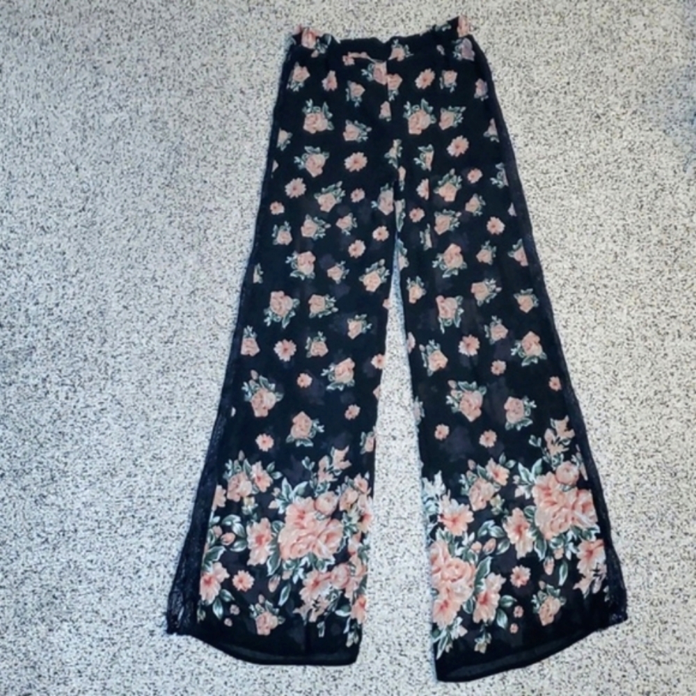Shop The Trends Floral Flowy Pants Lace Sides
